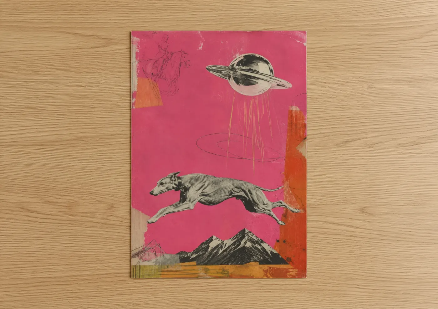 Art print on warm oak wood — pink and orange palette — Surreal UFO Greyhound Mountain Wall Art poster