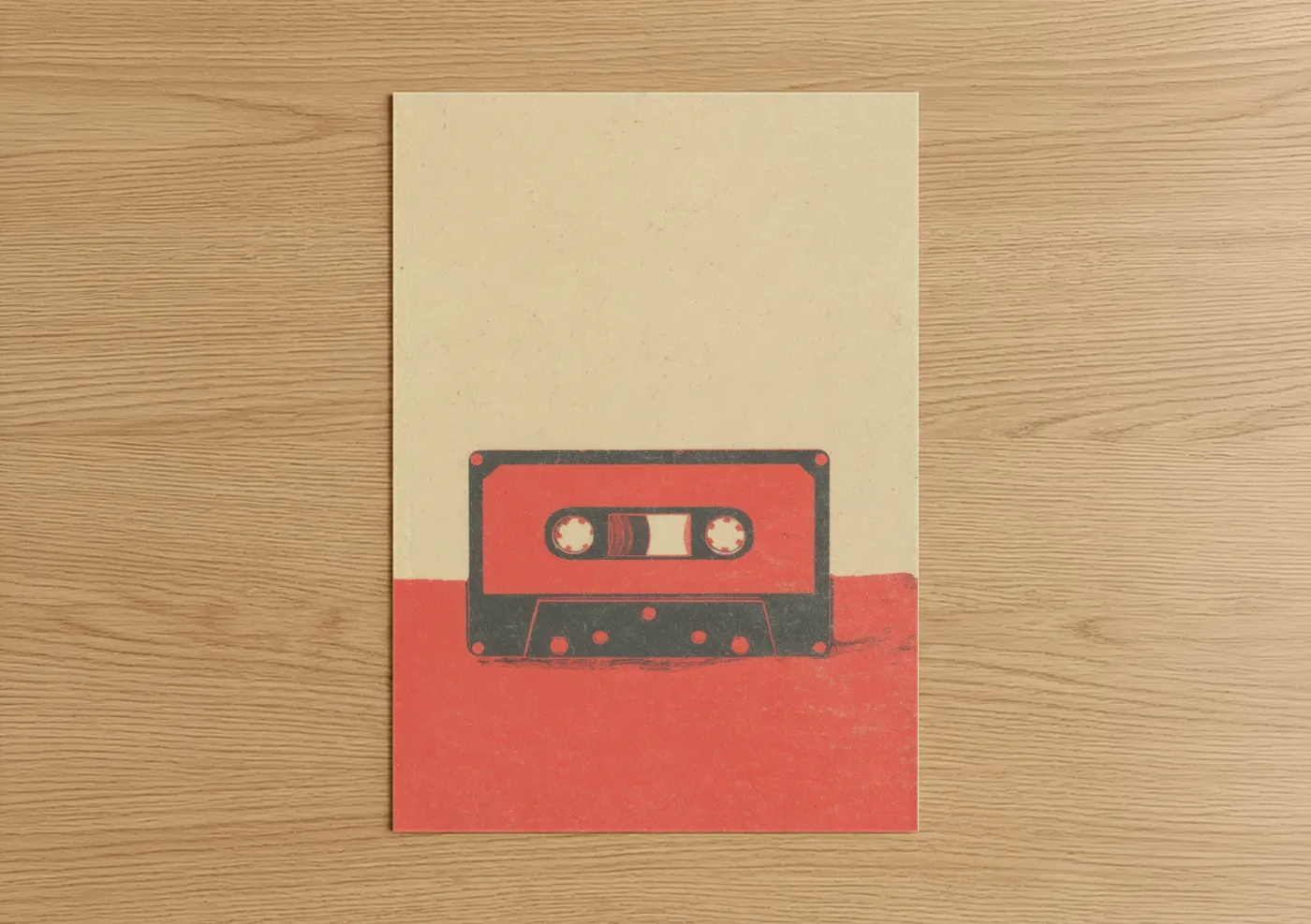 Casette art print on warm oak wood — red and gray palette — Retro Cassette poster