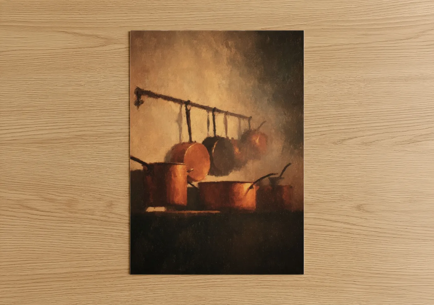 Kitchen utensils art print on warm oak wood — gold and brown palette — Rustic Cookware Still Life poster