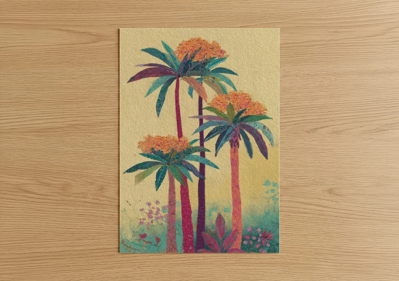 Palm tree art print on warm oak wood — gold and teal palette — Tropical Palm Cluster poster