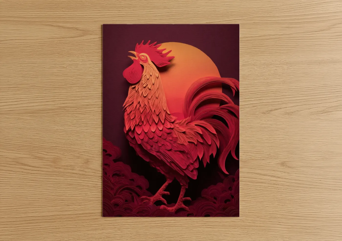 Crimson Rooster Rising 3D Relief Wall Art