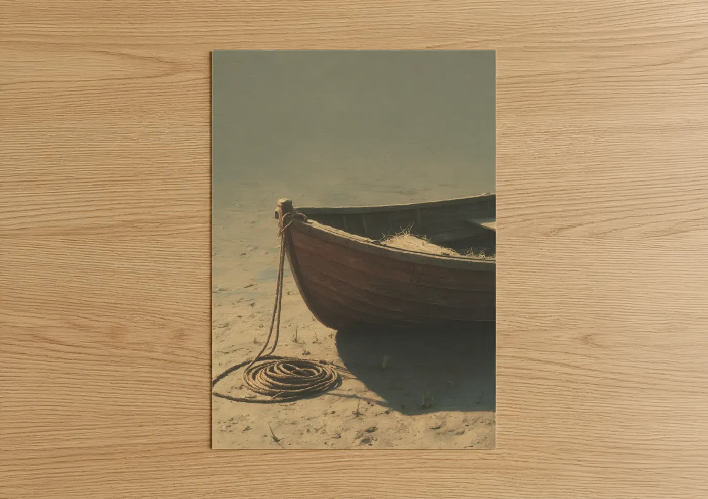 Art print on warm oak wood — beige and nobel palette — Beached Fishing Boat poster