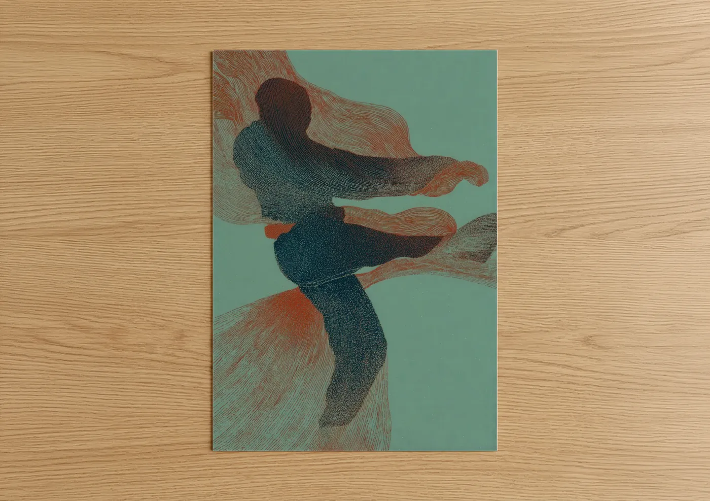 Art print on warm oak wood — teal and russet palette — Dynamic Taekwondo Kick poster