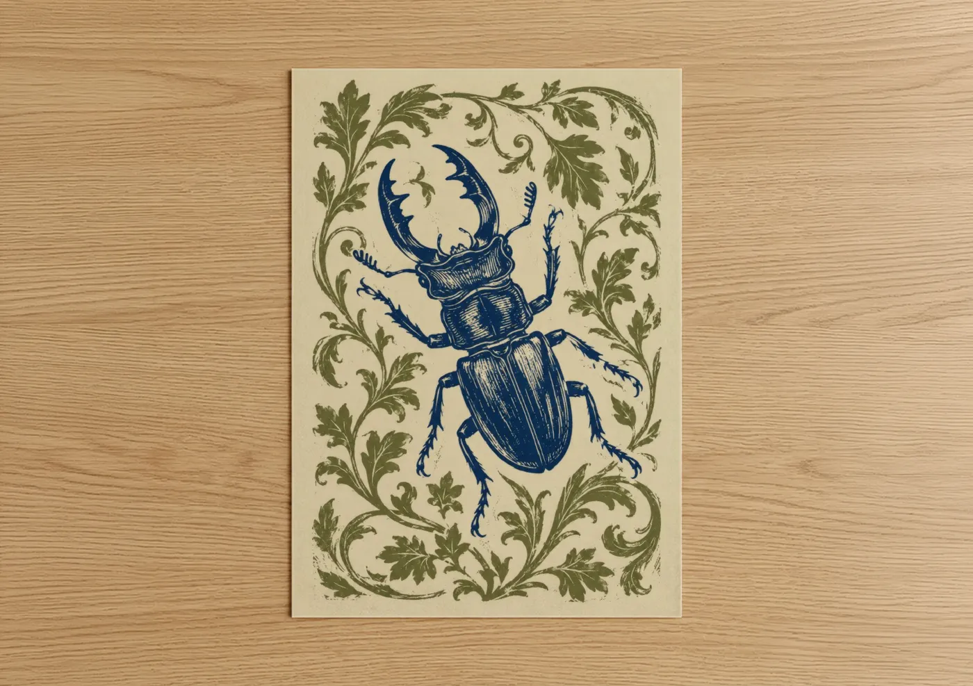 Art print on warm oak wood — blue and beige palette — Vintage Beetle Botanical Wall Art poster
