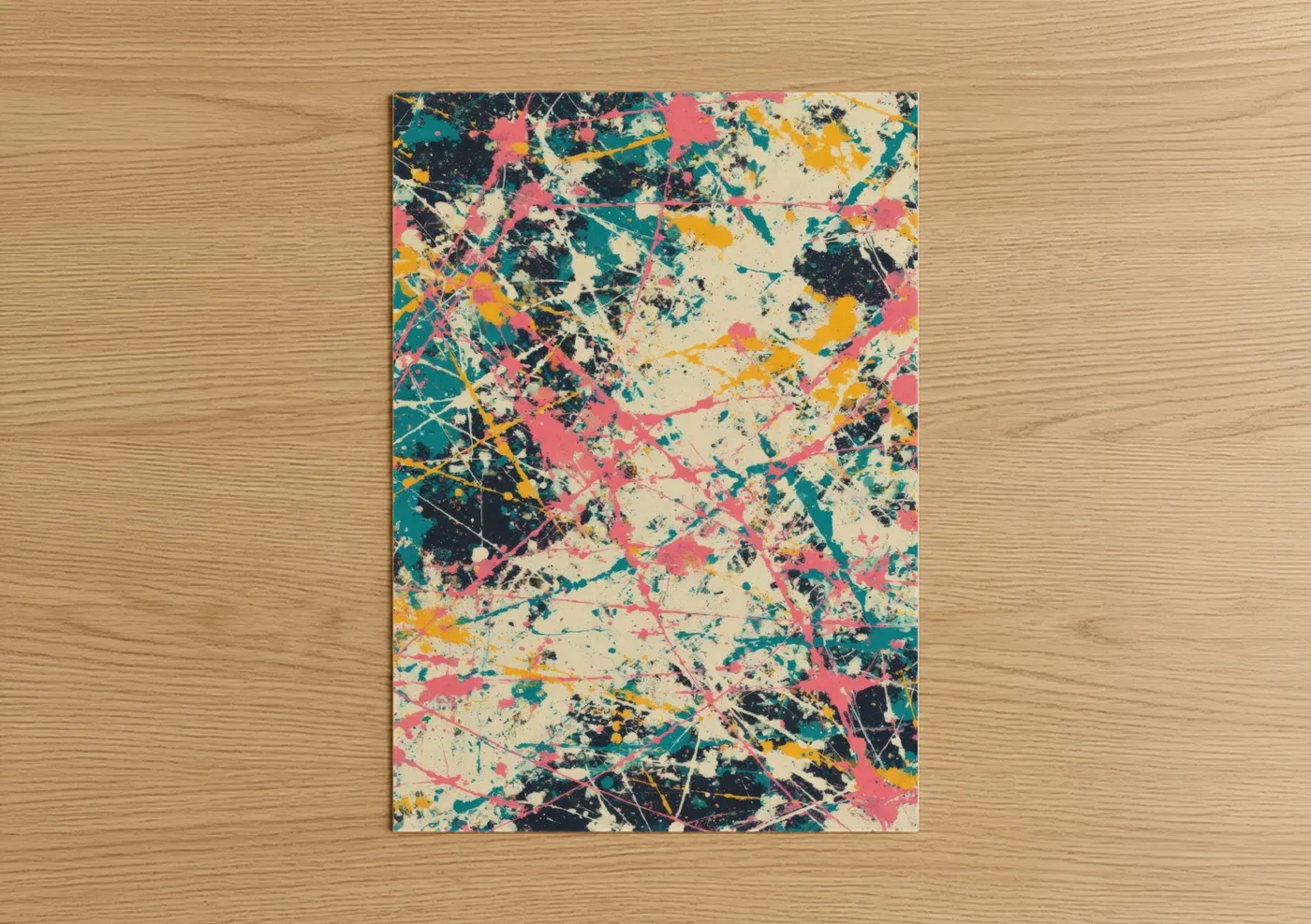 Abstract expressionism art print on warm oak wood — pink and teal palette — Chromatic Splatter poster