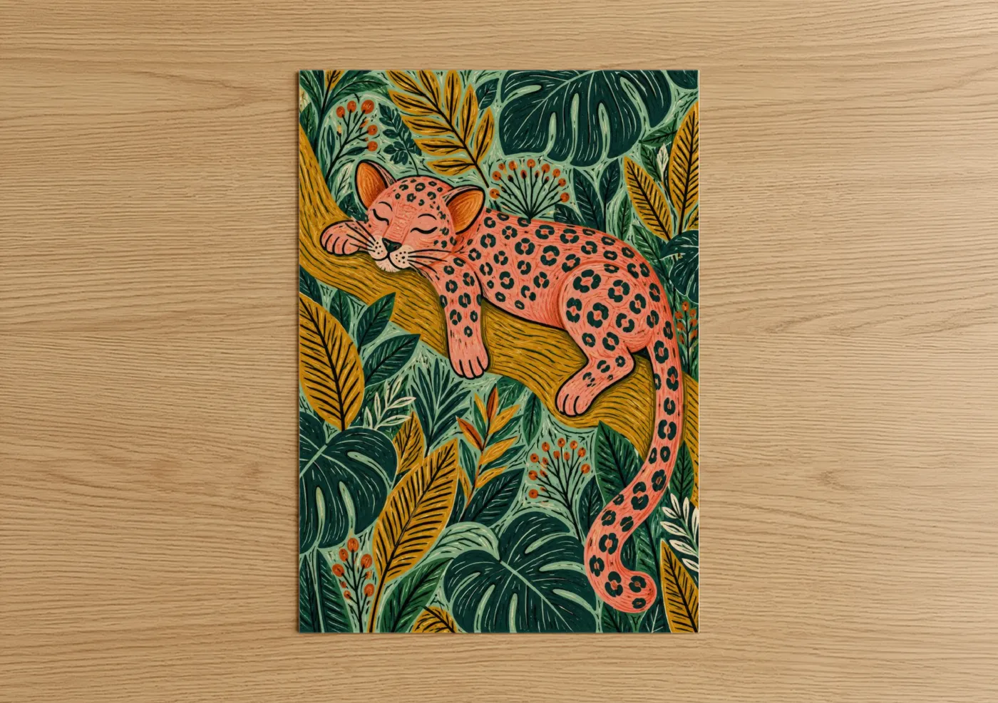 Art print on warm oak wood — peach and true green palette — Resting Leopard Tropical Jungle Wall Art poster
