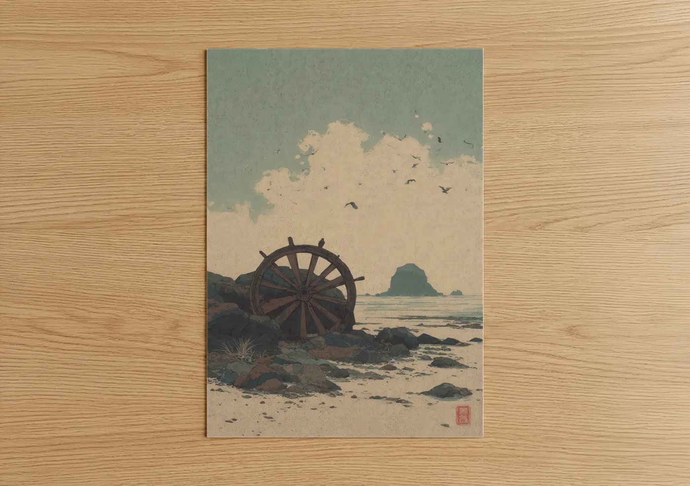 Art print on warm oak wood — sage green and cream palette — Beached Shipwheel poster