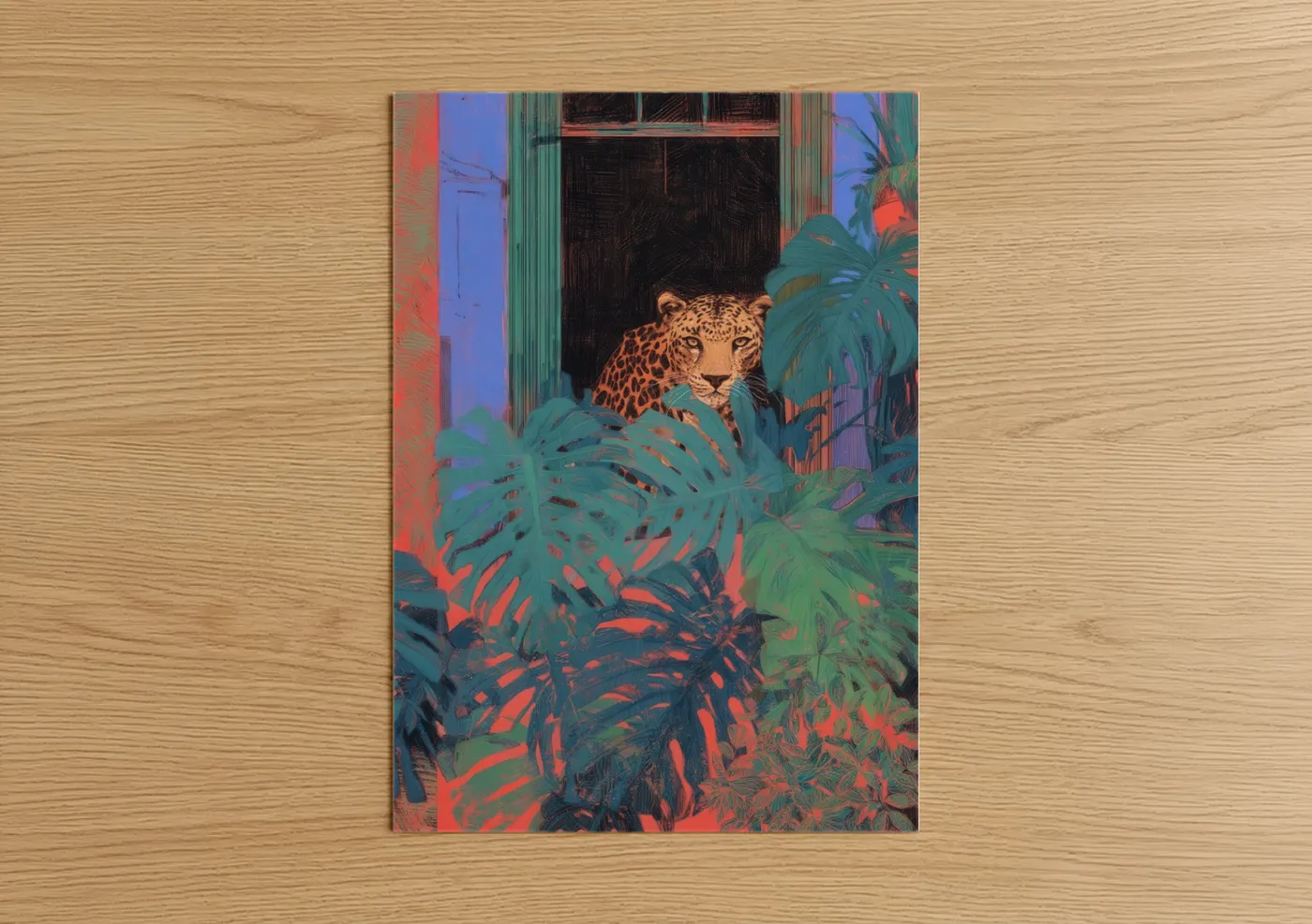 Art print on warm oak wood — teal and red palette — Neon Leopard poster