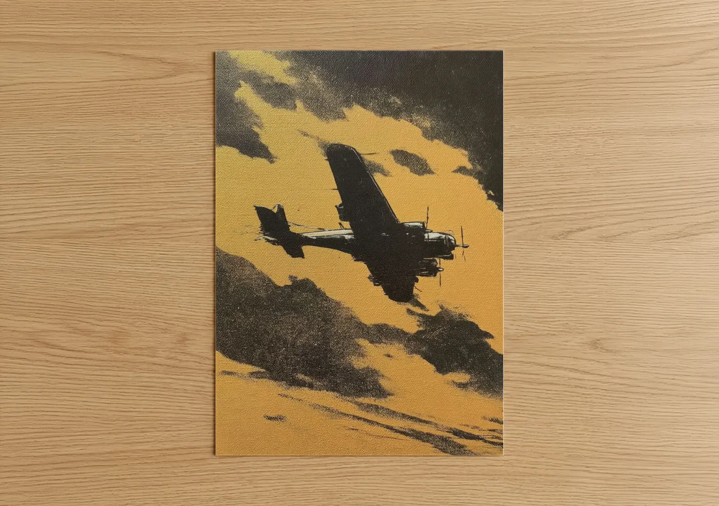 Vintage airplane art print on warm oak wood — yellow gold and black palette — Golden Hour Bomber poster