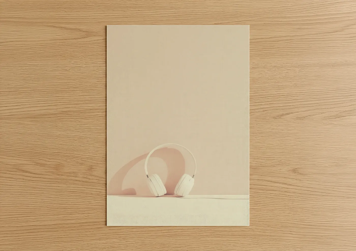 Art print on warm oak wood — beige and peach palette — Minimalist White Headphones poster