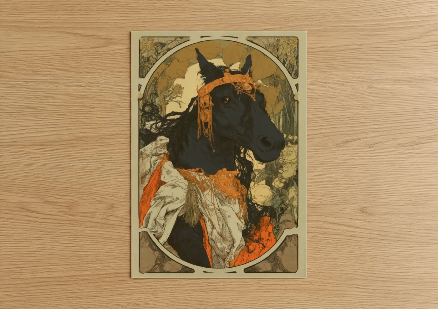 Art print on warm oak wood — gold and black palette — Ornate Miniature Horse poster