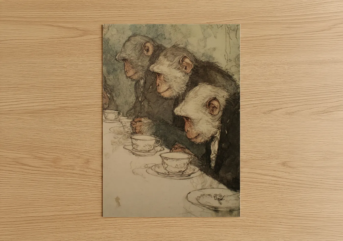 Vintage Tea Time Monkeys Illustration Wall Art