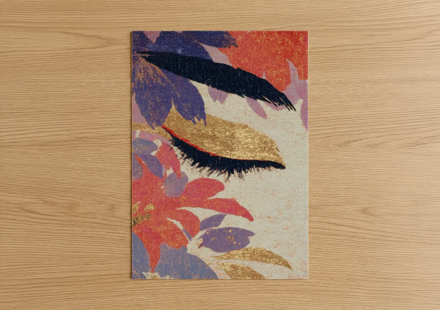 Make up art print on warm oak wood — gold and magenta palette — Golden Glam Eye poster