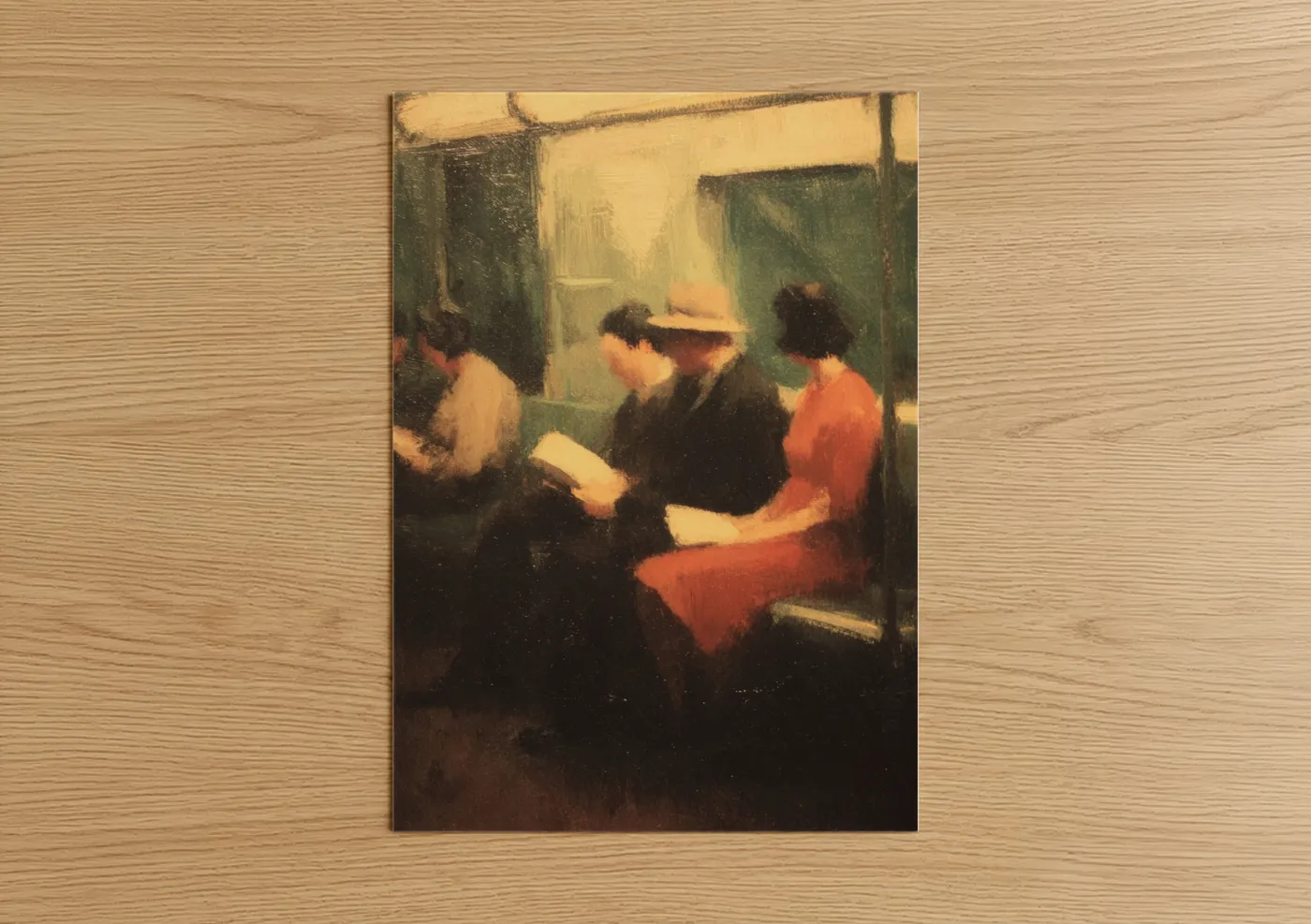 Reading art print on warm oak wood — gold and brown palette — Literary Gathering poster