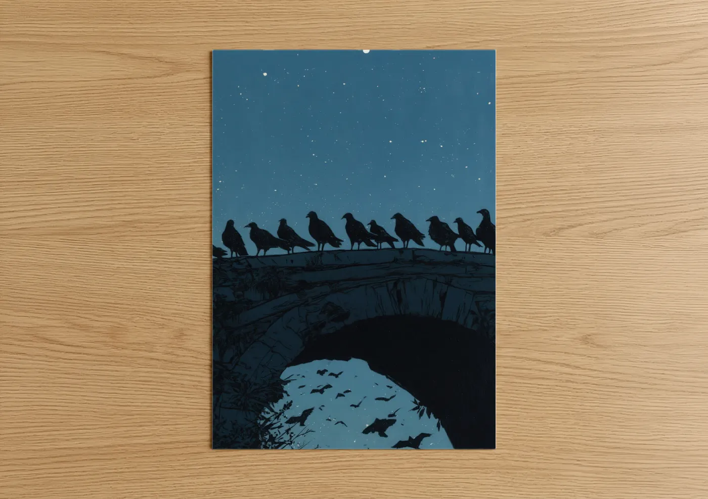 Starlit Pigeons Night Sky Bridge Wall Art