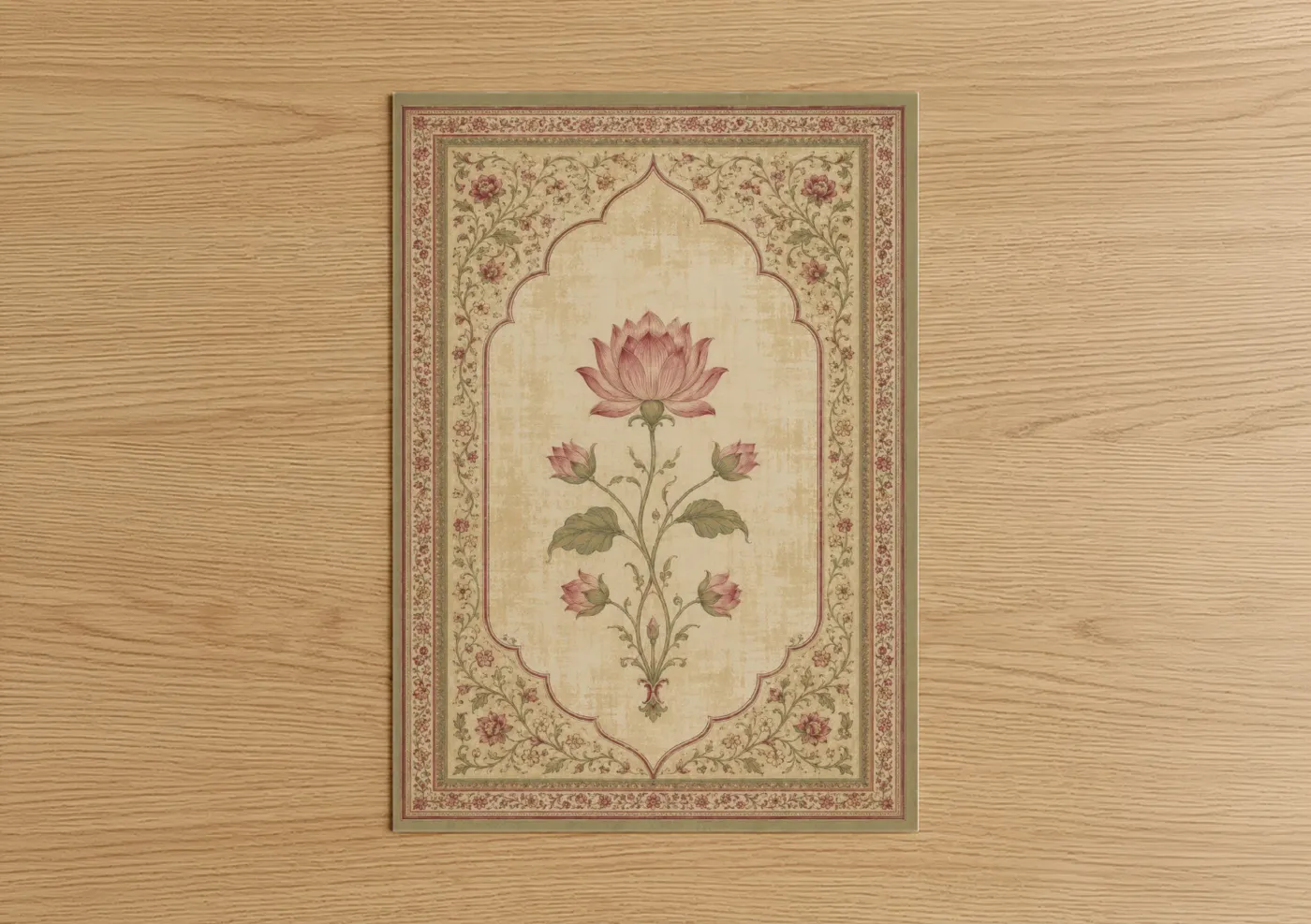 Art print on warm oak wood — beige and rose gold palette — Lotus Blossom Ornamental Border Wall Art poster