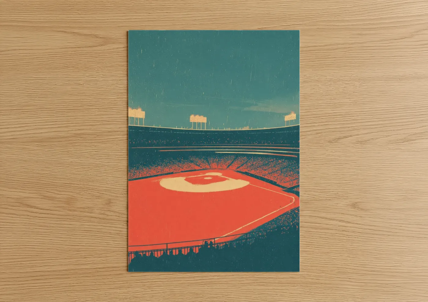 Stadiums and fields art print on warm oak wood — teal and gold palette — Vintage Stadium Glow poster