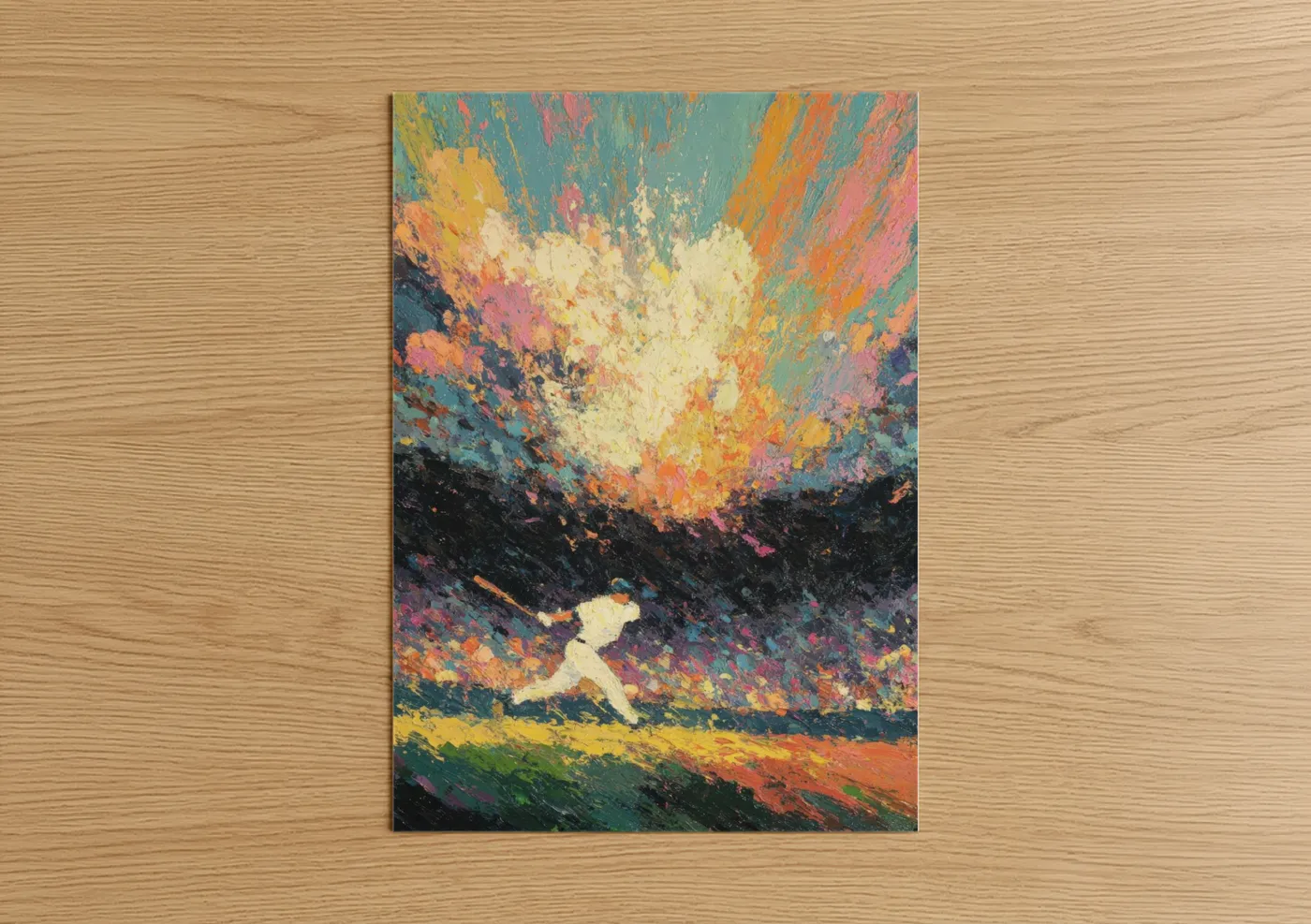 Art print on warm oak wood — gold and teal palette — Explosive Baseball poster
