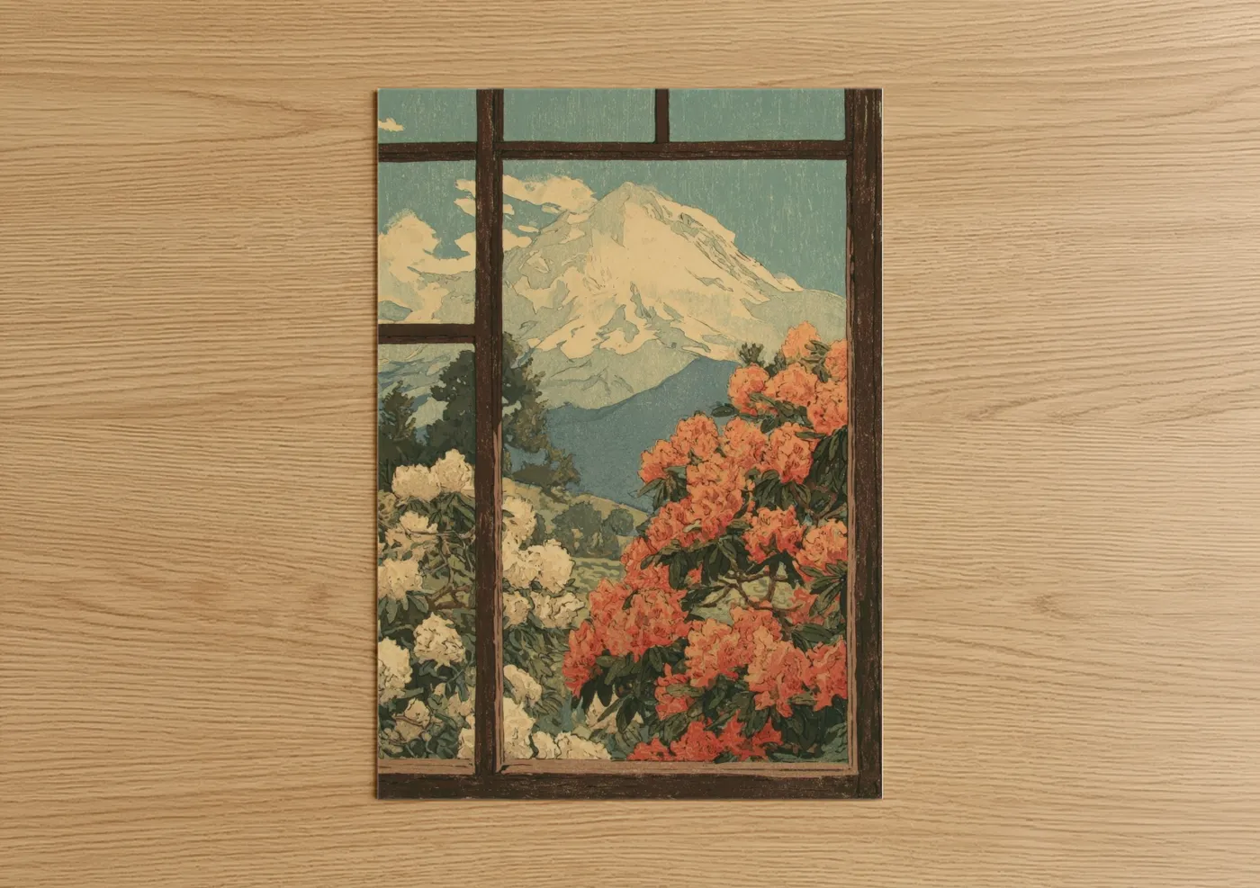 Mount everest art print on warm oak wood — cream and blue and white palette — Snowy Everest Window poster