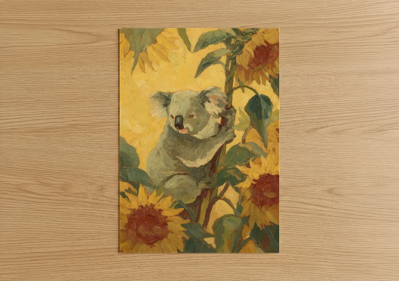 Art print on warm oak wood — gold and green palette — Sunflower Koala poster