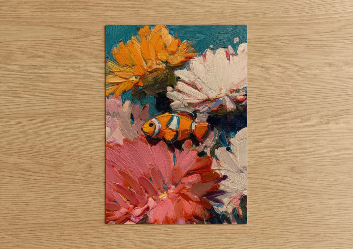 Clown fish art print on warm oak wood — orange and teal palette — Clownfish Garden poster