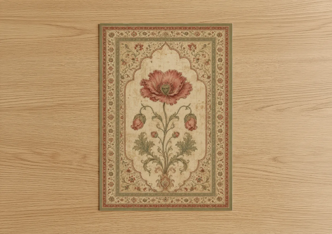 Poppies art print on warm oak wood — maroon and beige palette — Persian Poppy Floral Ornate Wall Art poster