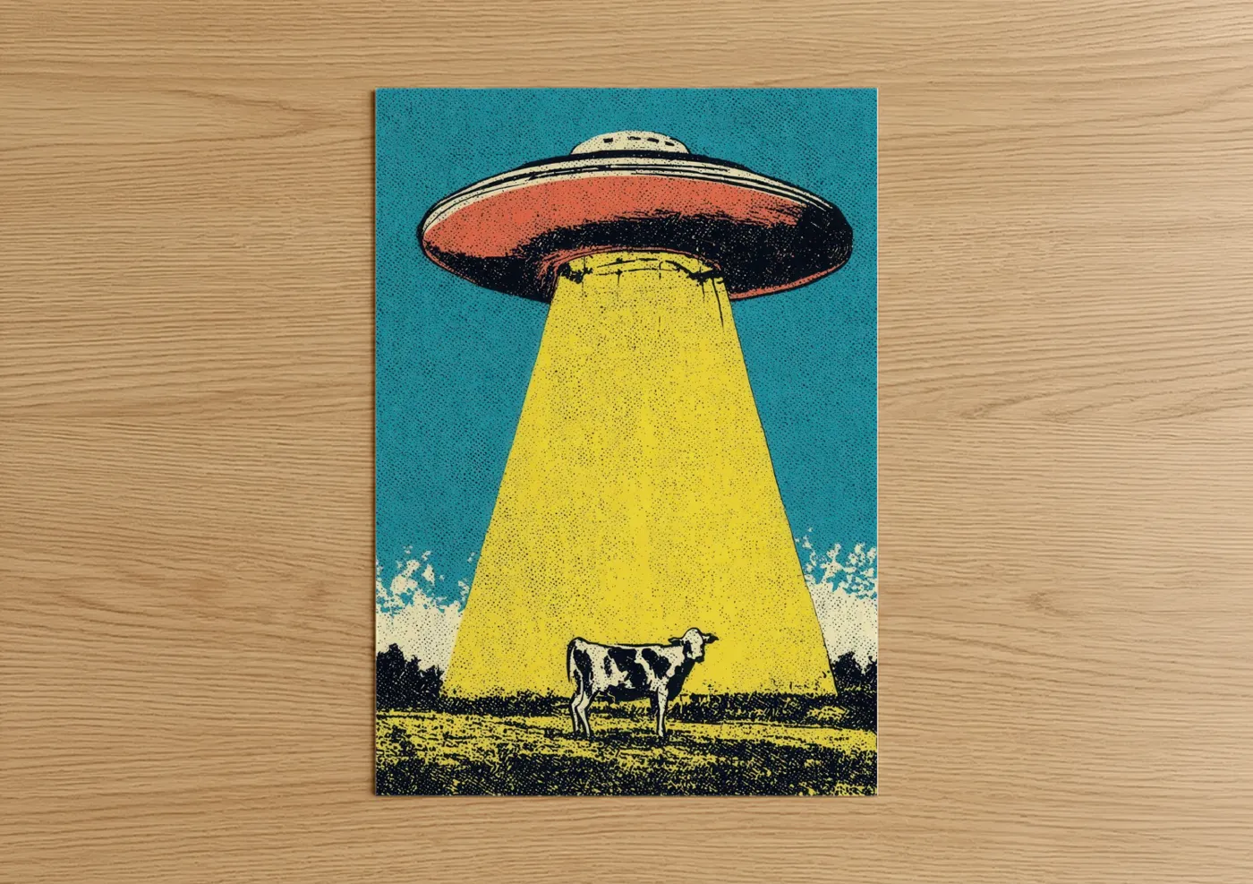 Ufo art print on warm oak wood — blue and yellow and black and gold palette — Alien Abduction poster