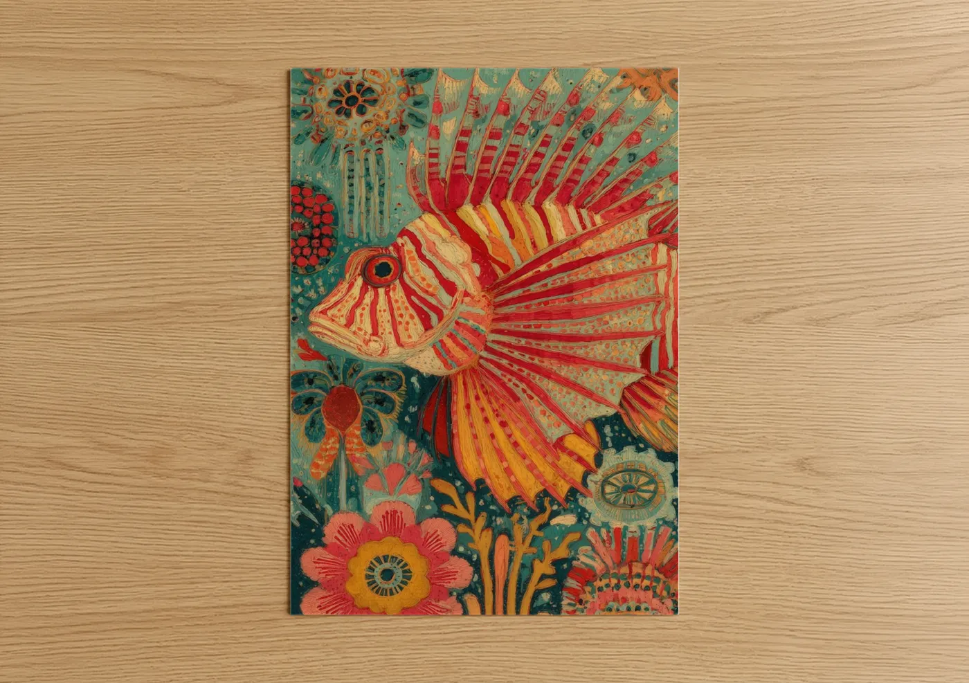 Art print on warm oak wood — red and teal palette — Crimson Lionfish poster