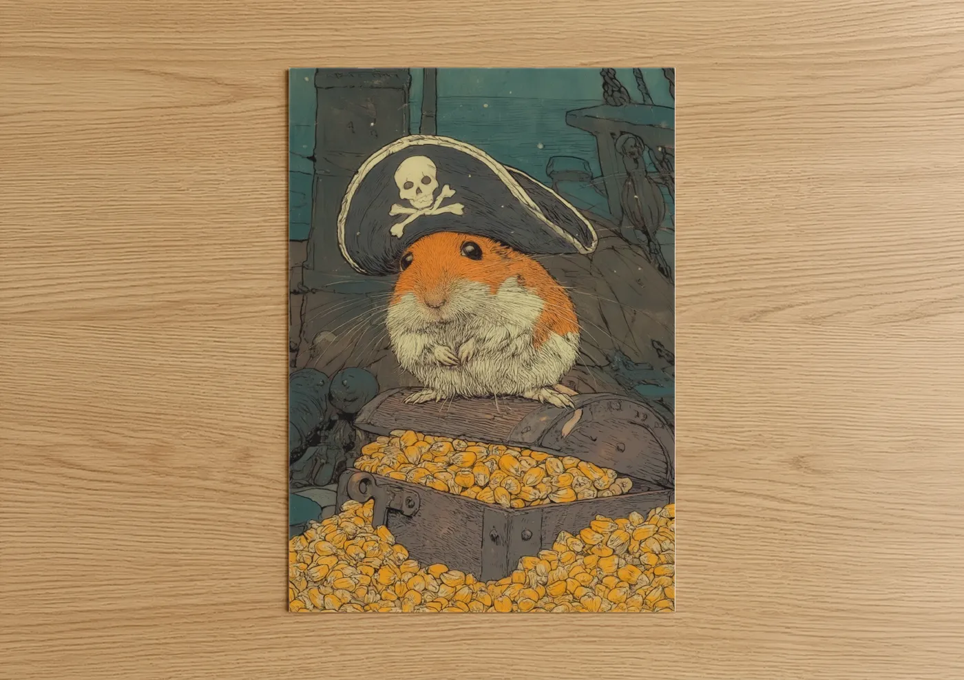 Art print on warm oak wood — teal and gold palette — Pirate Guinea Pig poster
