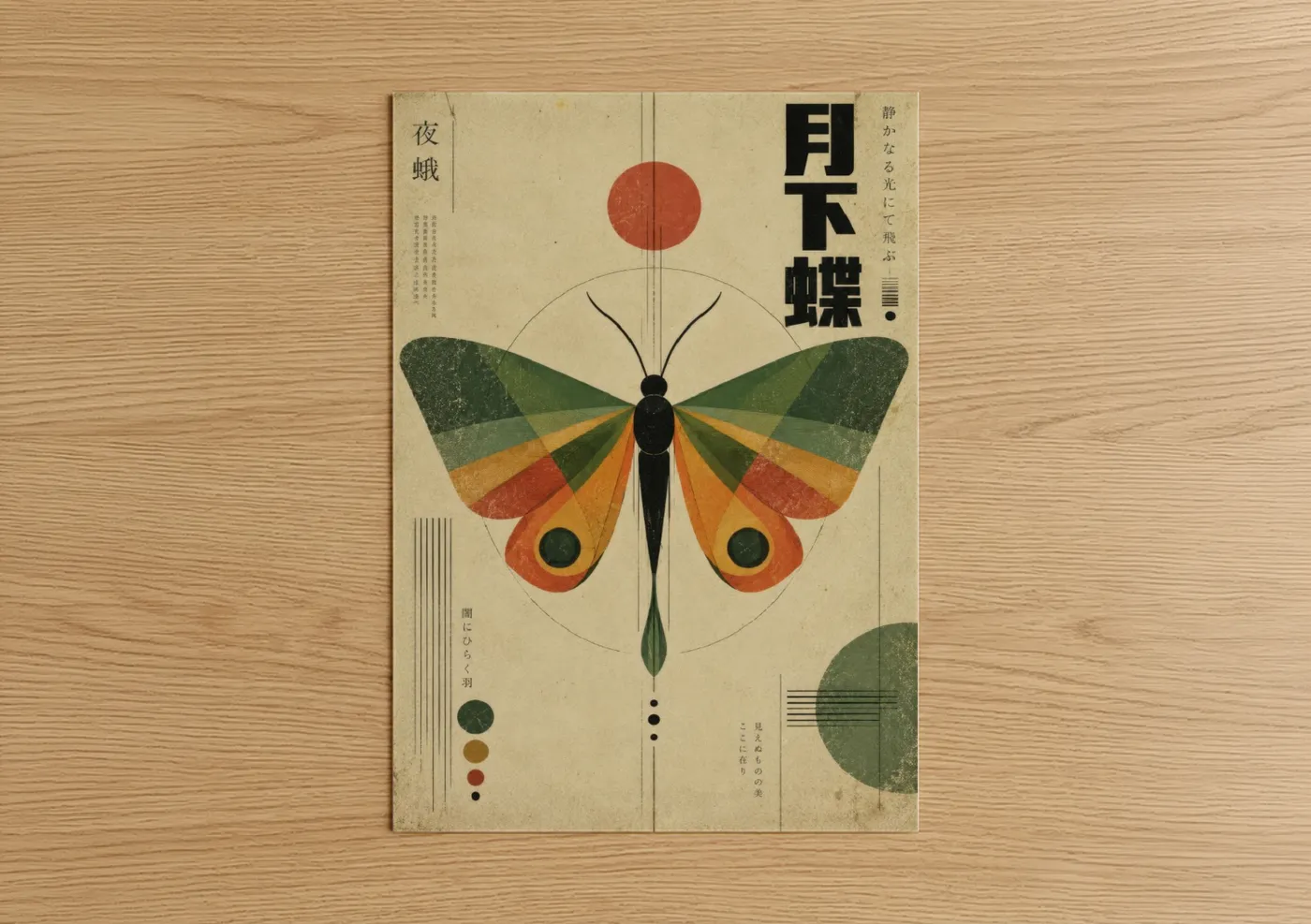 Butterfly art print on warm oak wood — cream and true green palette — Geometric Moth Japanese Design Wall Art poster