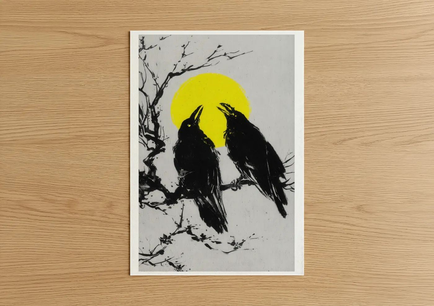 Two Black Ravens Yellow Moon Silhouette Wall Art
