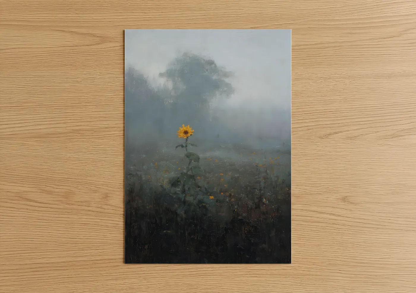 Art print on warm oak wood — gray and yellow gold palette — Misty Sunflower poster