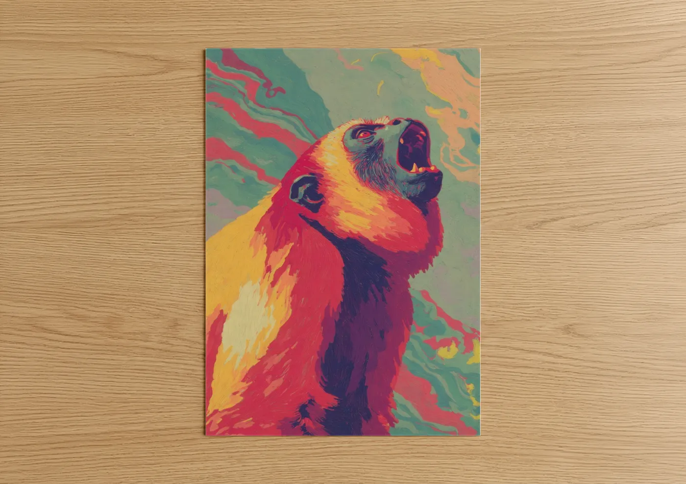 Art print on warm oak wood — red and gold palette — Roaring Monkey poster