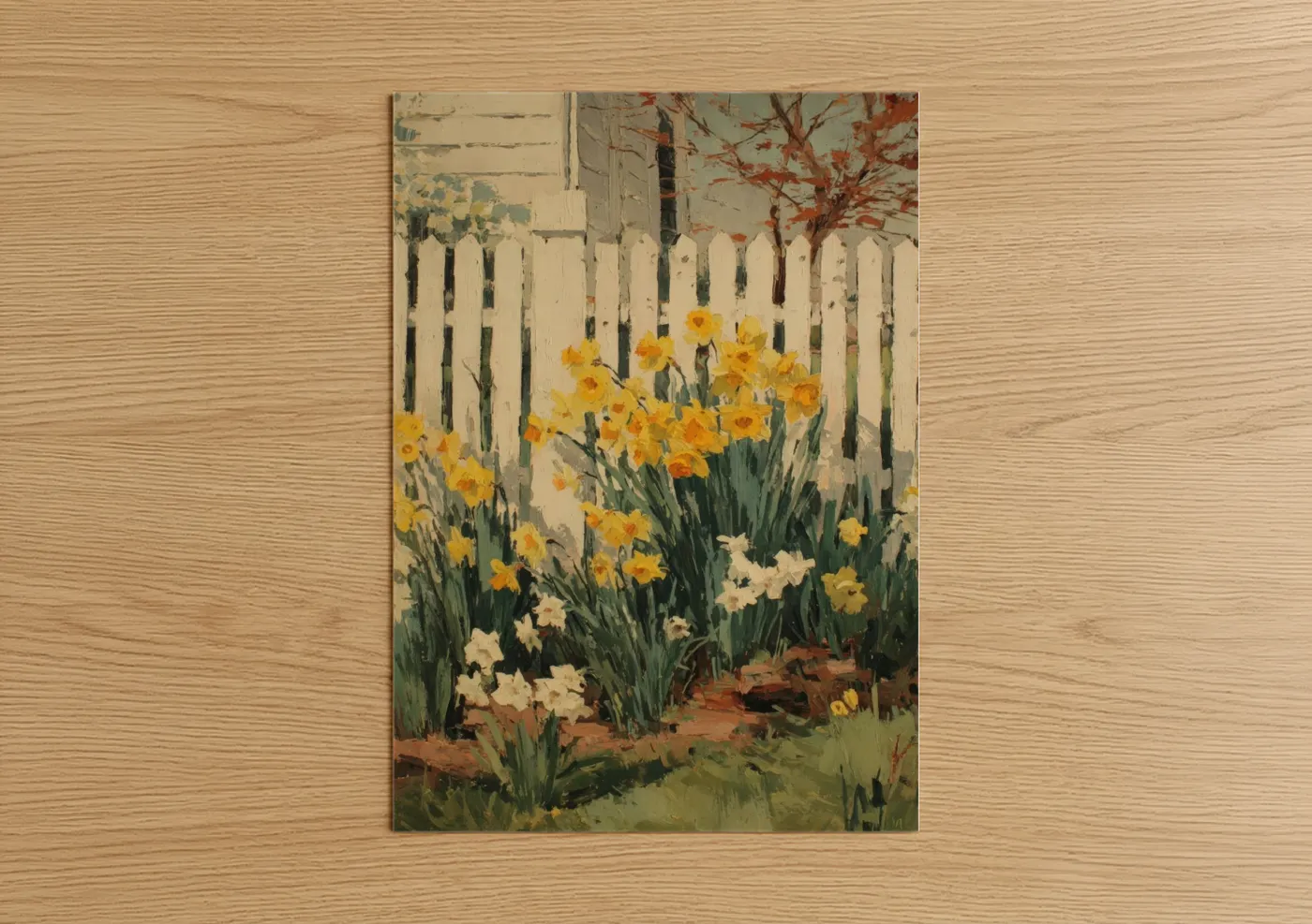 Art print on warm oak wood — yellow gold and cream palette — Golden Daffodils poster