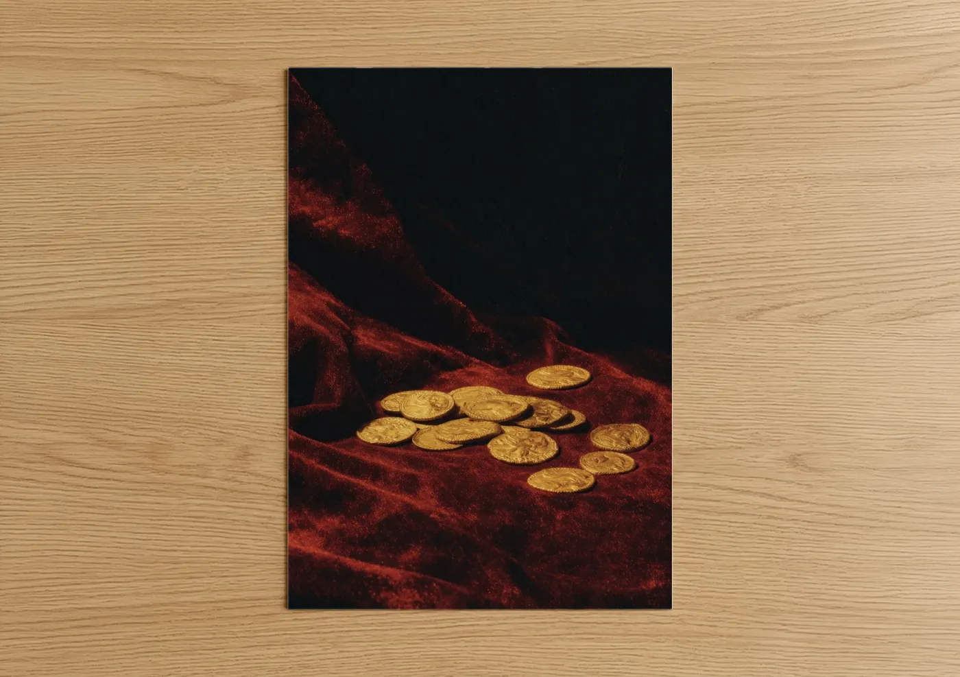 Money art print on warm oak wood — gold and maroon palette — Golden Treasure Heap poster