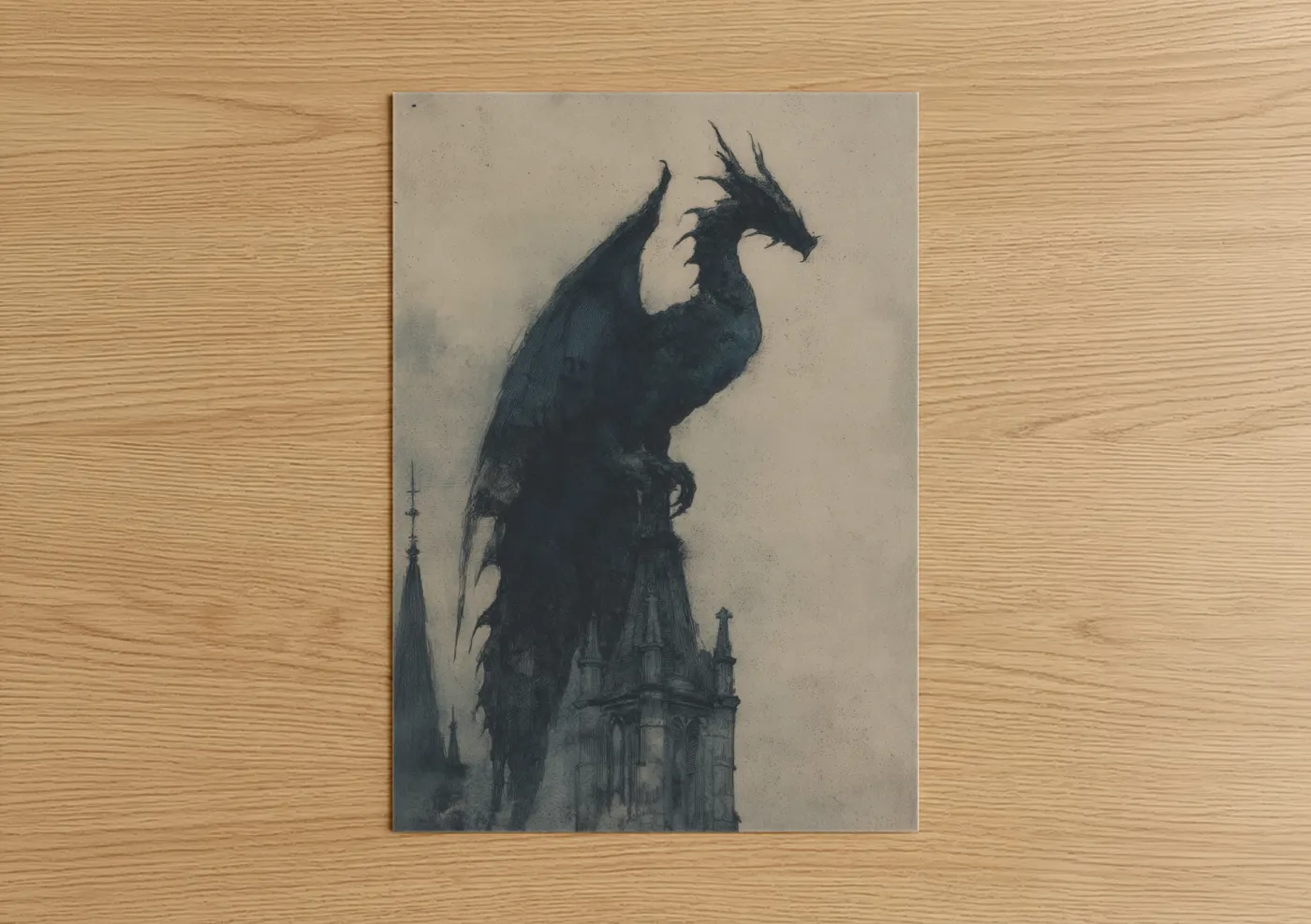 Art print on warm oak wood — black and gray palette — Gothic Dragon Perch poster