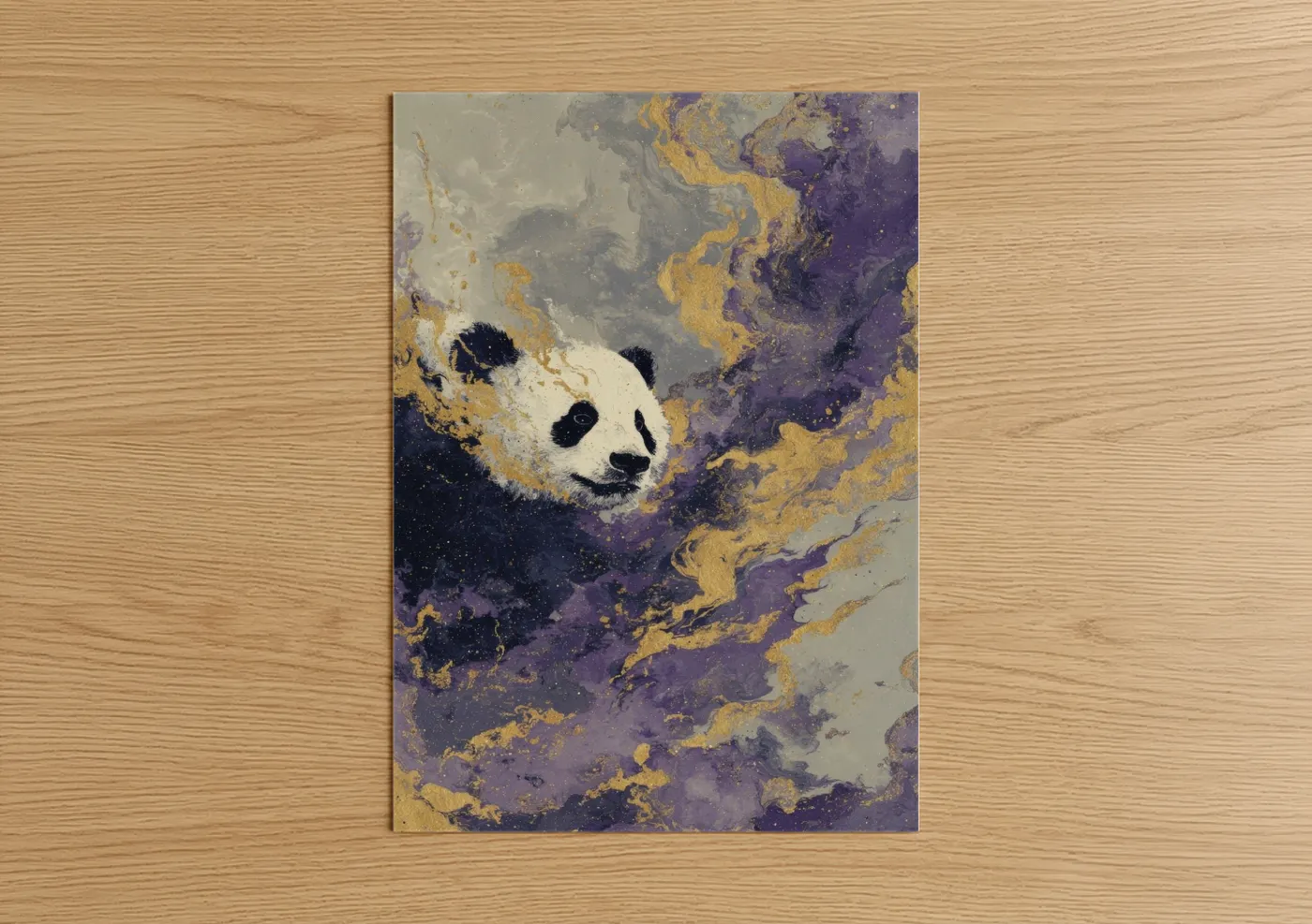 Art print on warm oak wood — gold and purple palette — Golden Panda poster