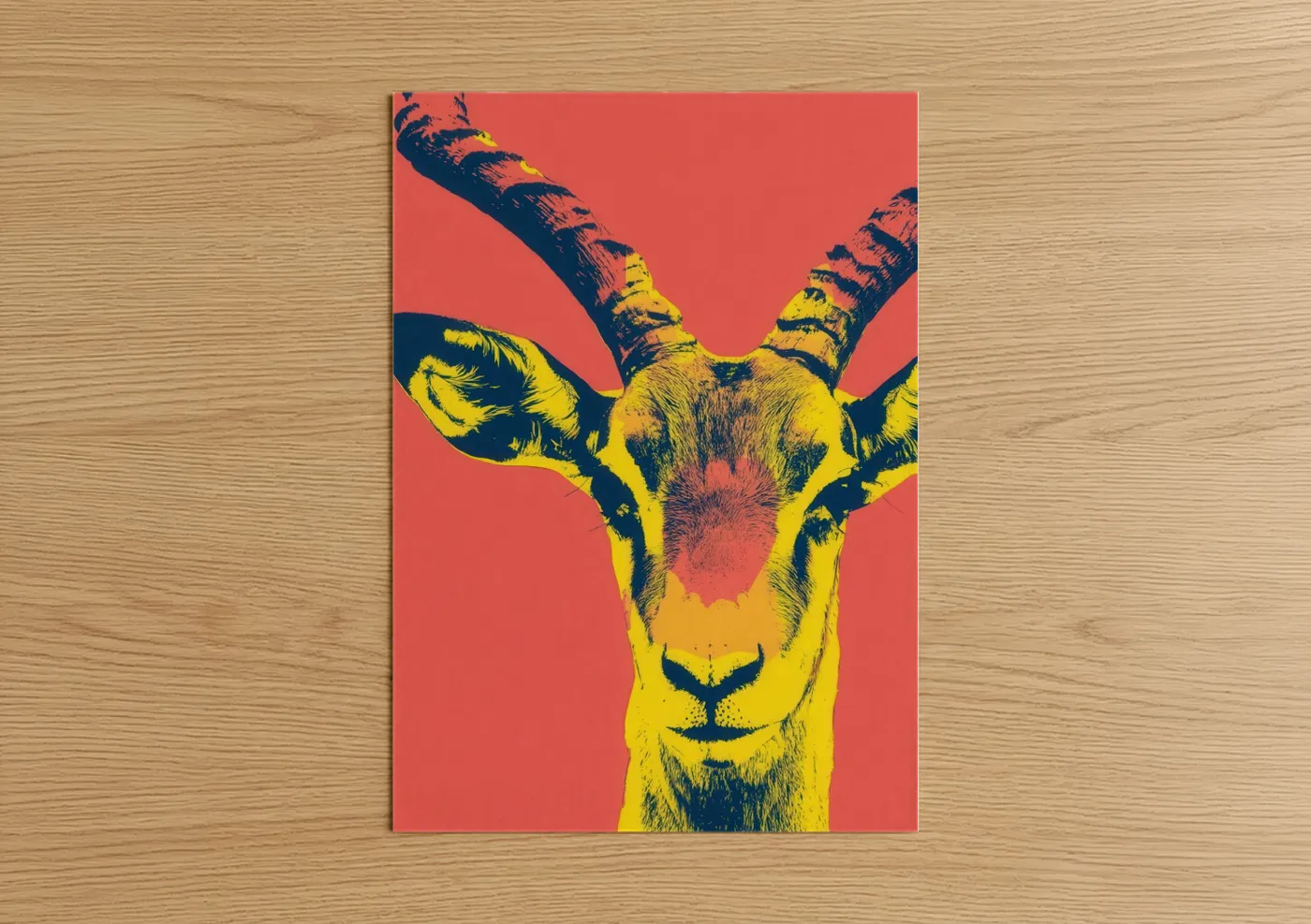 Art print on warm oak wood — yellow gold and blue palette — Pop Art Antelope poster