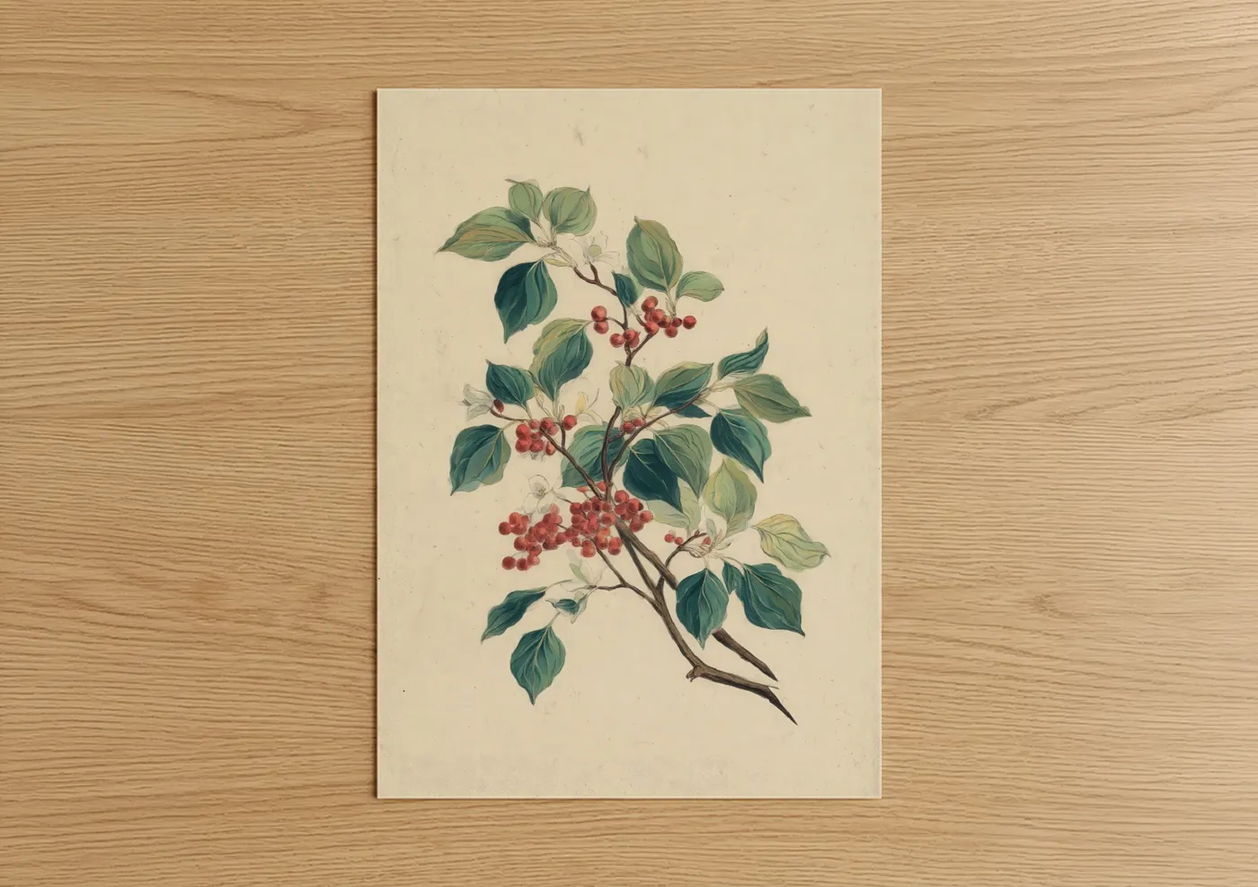 Art print on warm oak wood — red and sage green palette — Crimson Dogwood Branch poster