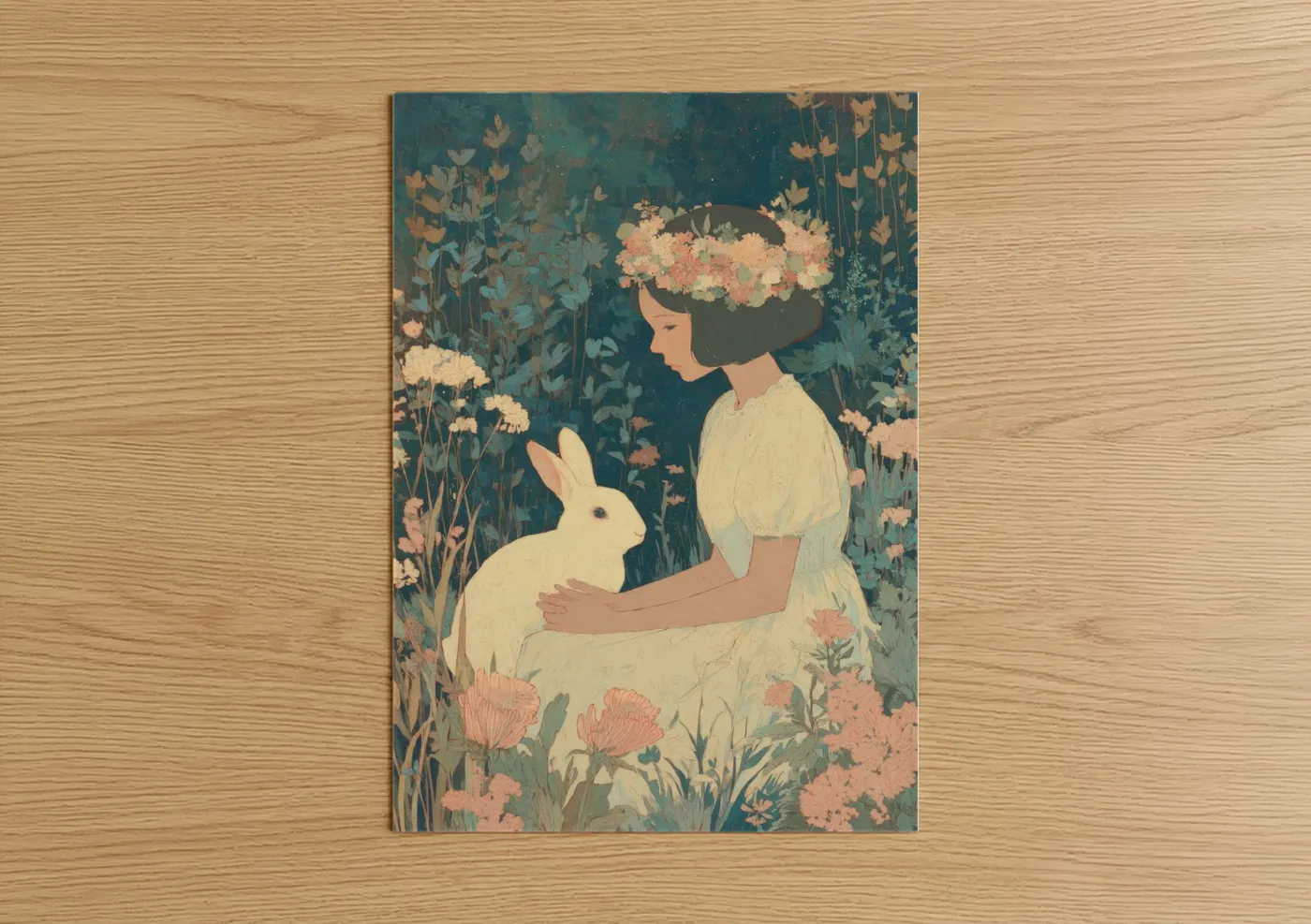 Girl With Rabbit Flower Garden Illustration Wall Art