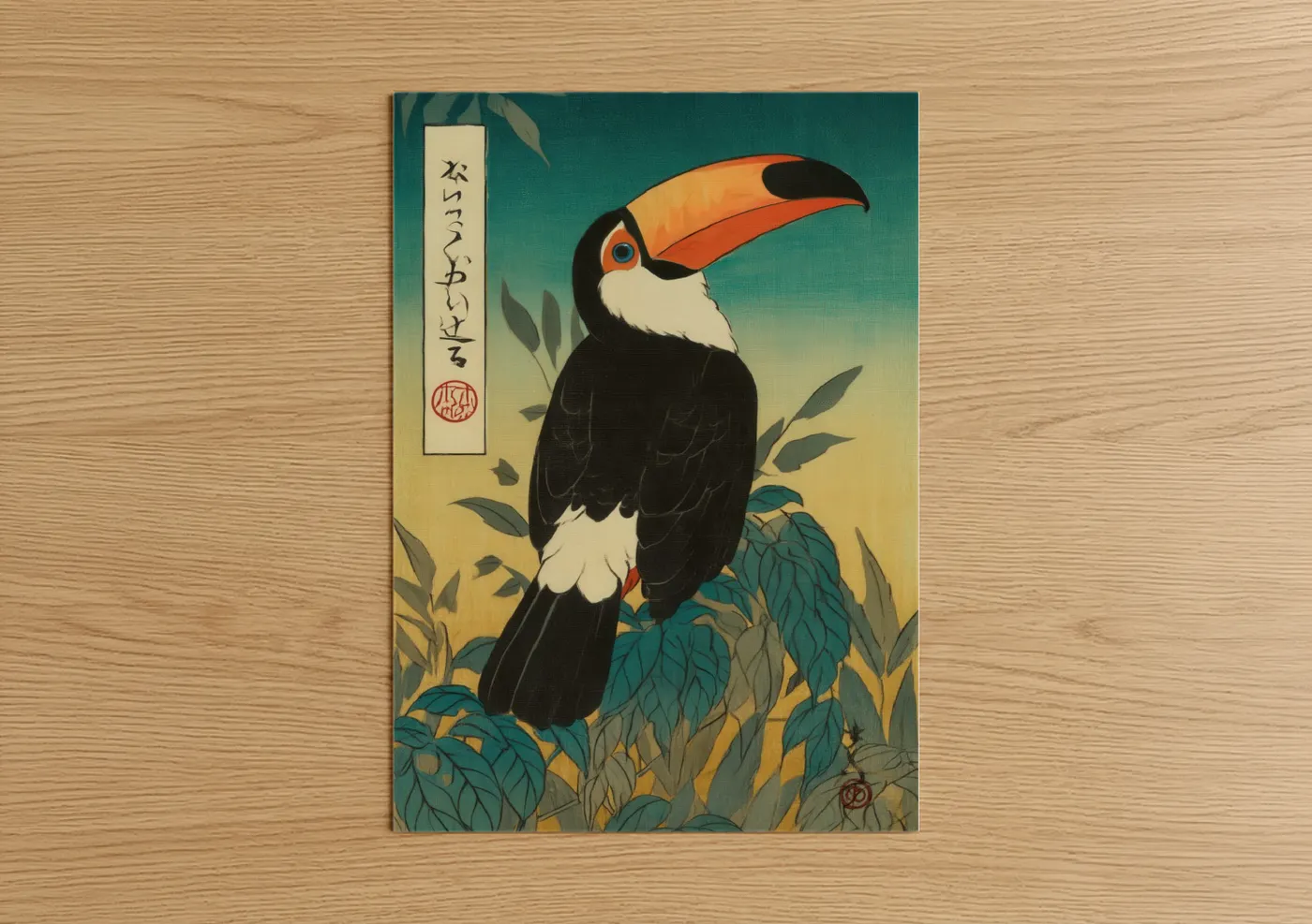 Art print on warm oak wood — teal and gold palette — Tropical Toucan Portrait poster