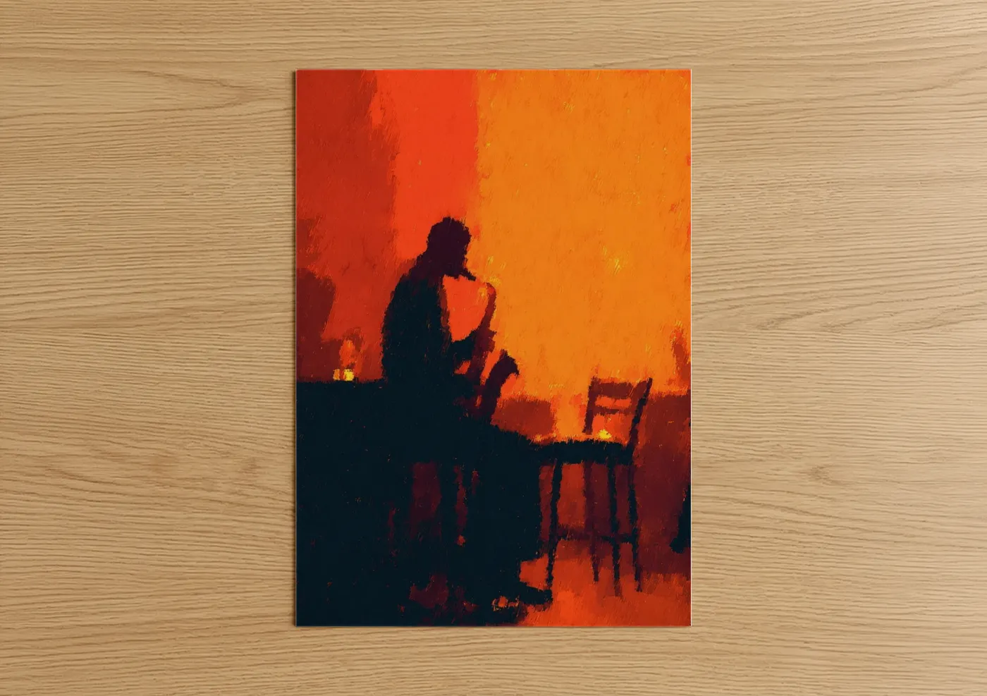 Jazz art print on warm oak wood — orange and red palette — Saxophone Silhouette poster