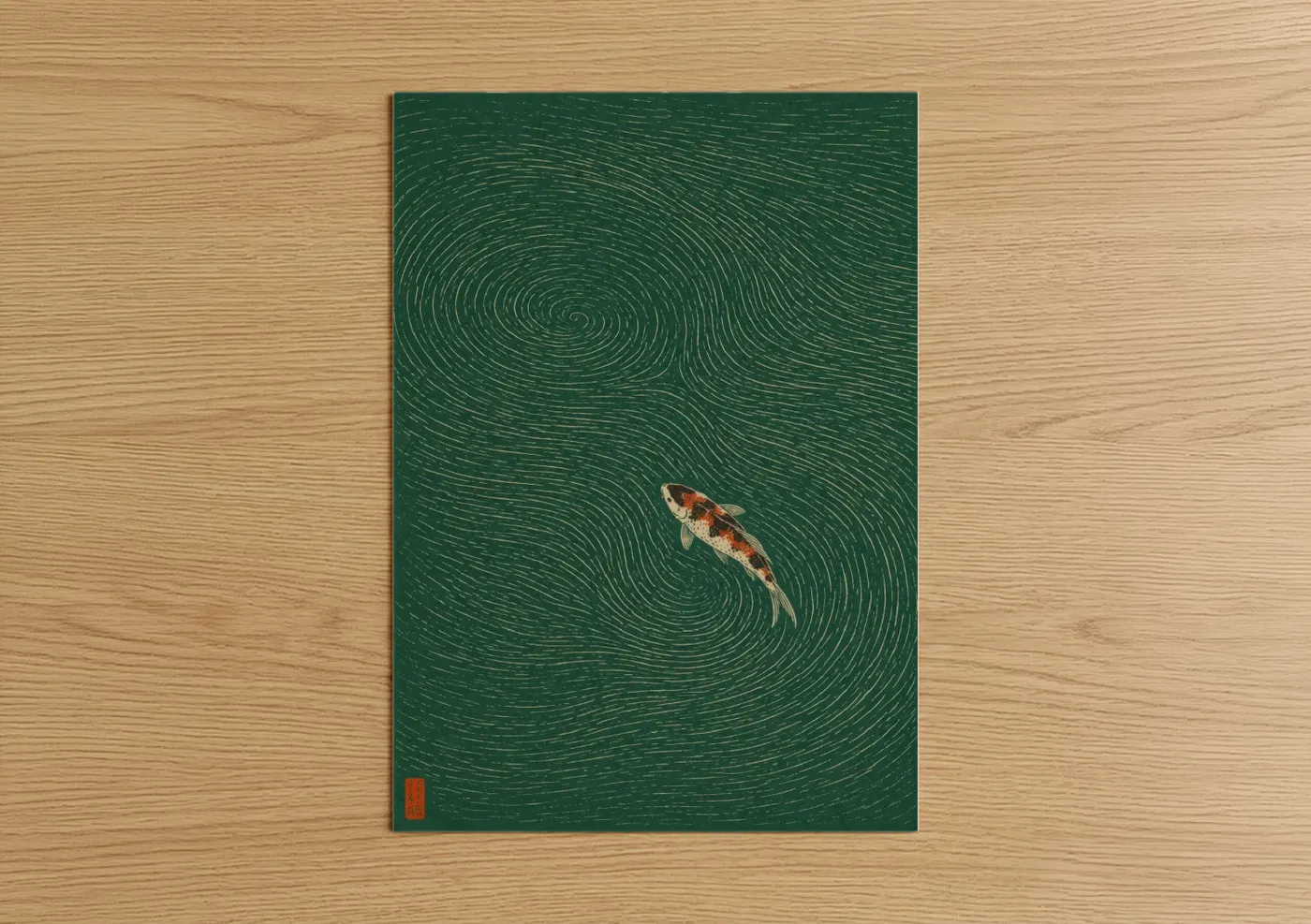 Art print on warm oak wood — dark green and true green palette — Japanese Koi Fish Zen Wall Art poster