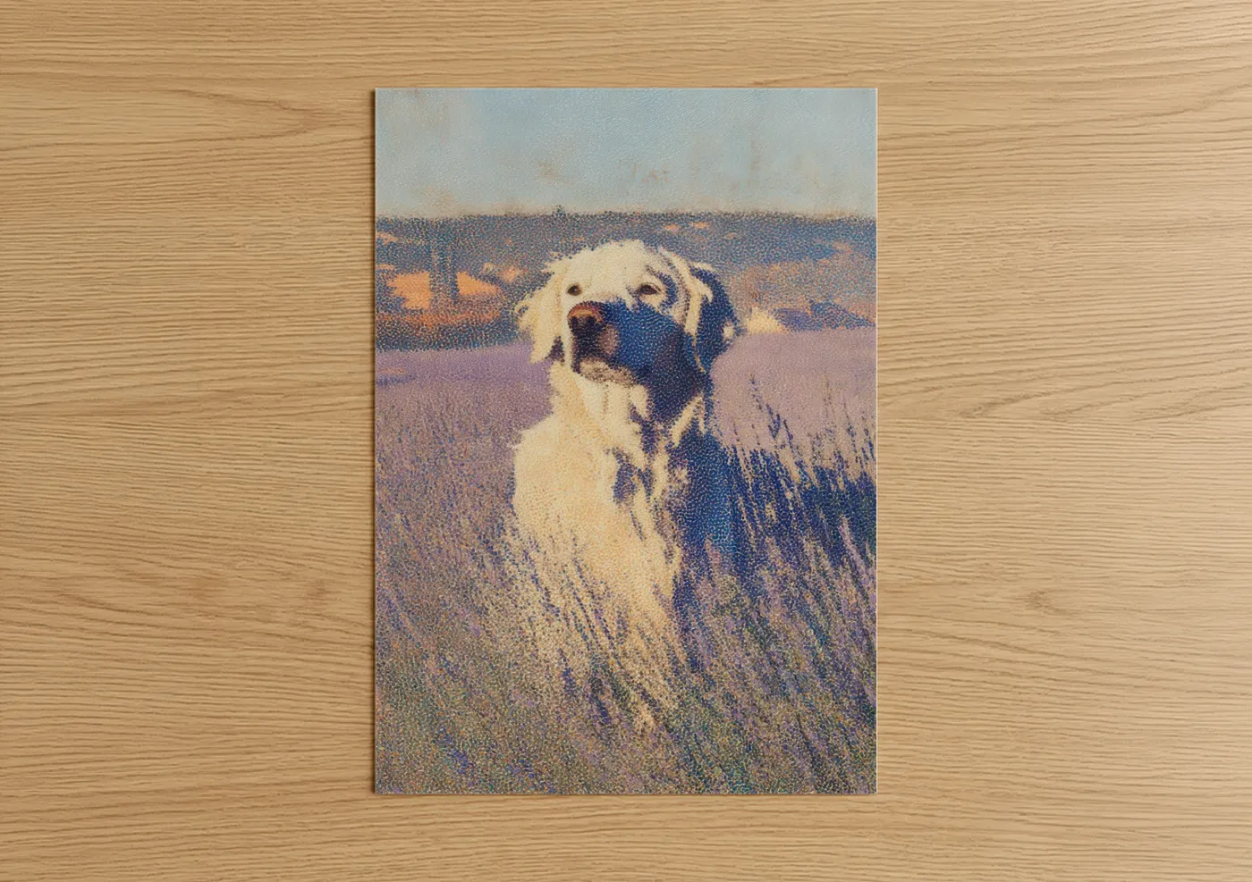 Art print on warm oak wood — cream and lavender palette — Golden Field Retriever poster