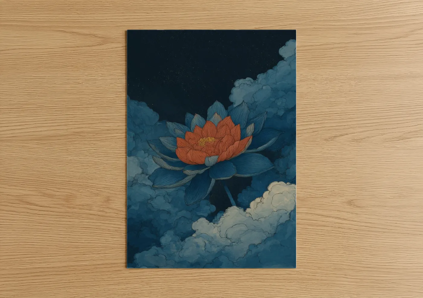 Celestial Lotus Night Sky Watercolor Wall Art