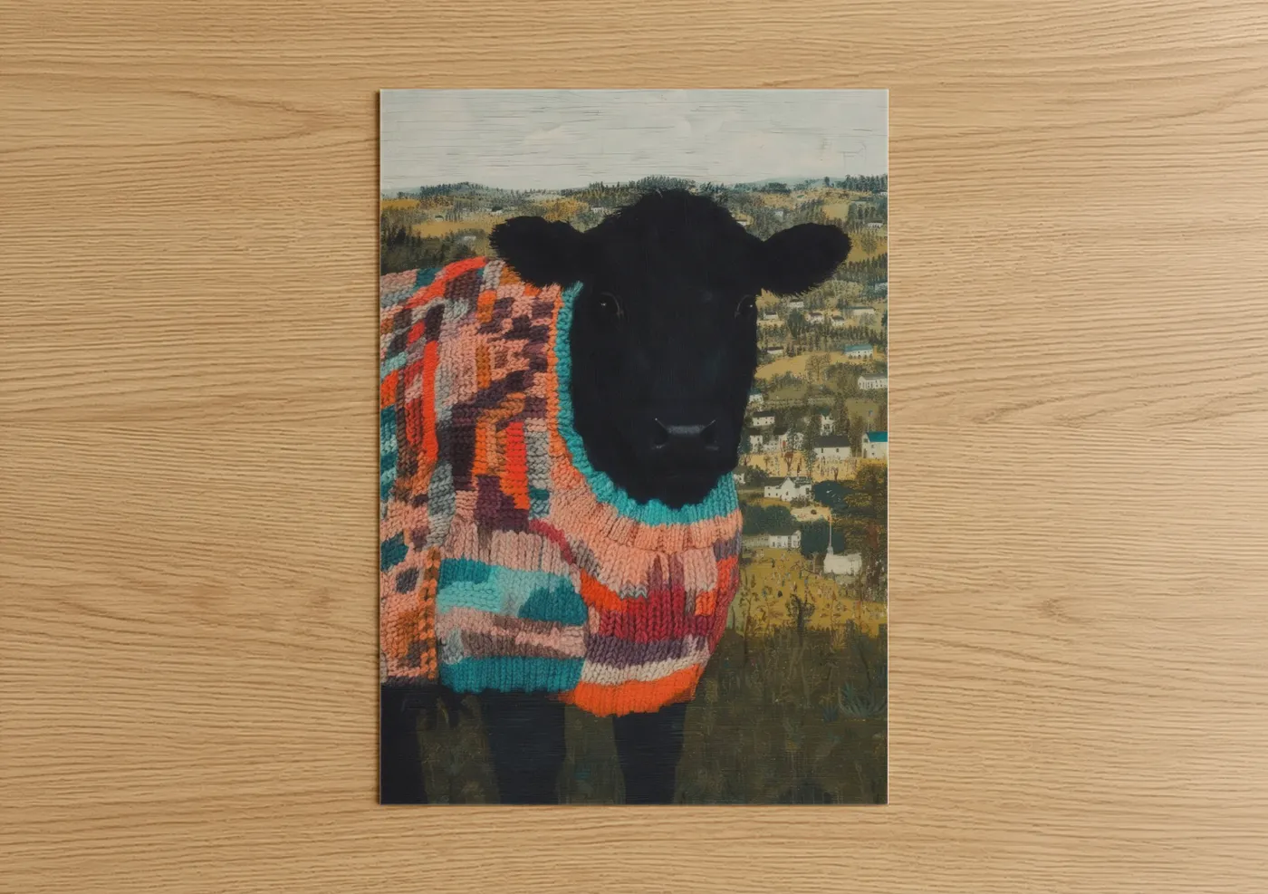 Art print on warm oak wood — orange and teal palette — Cozy Angus Cow poster