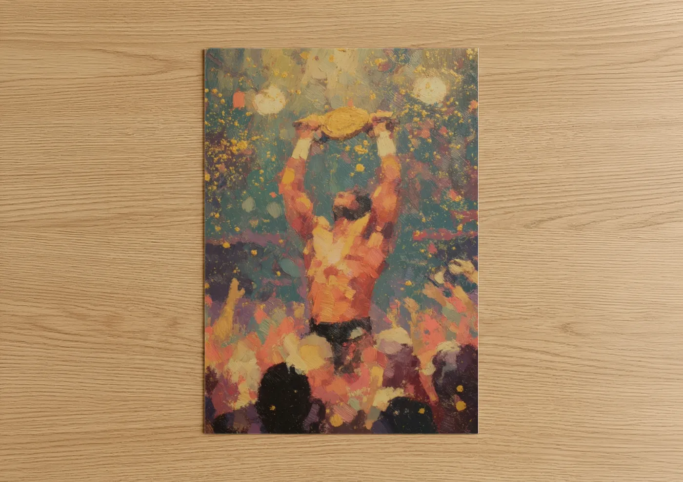 Wrestling art print on warm oak wood — yellow gold and red palette — Victory Athlete poster