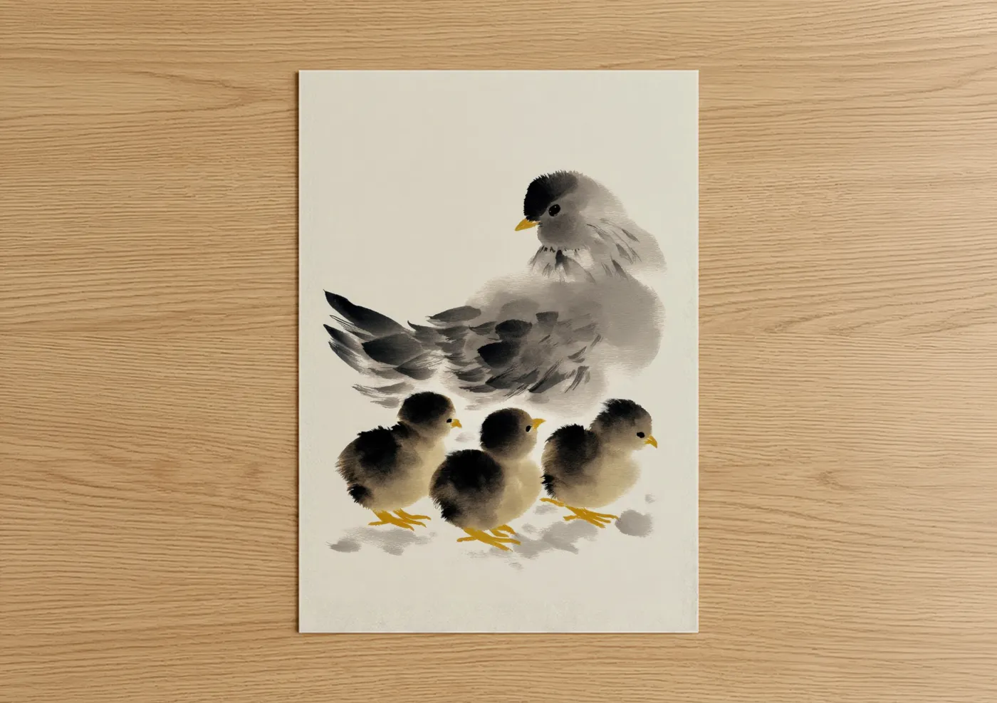 Chicken and roosters art print on warm oak wood — black and white and cream palette — Mother Hen Chicks poster