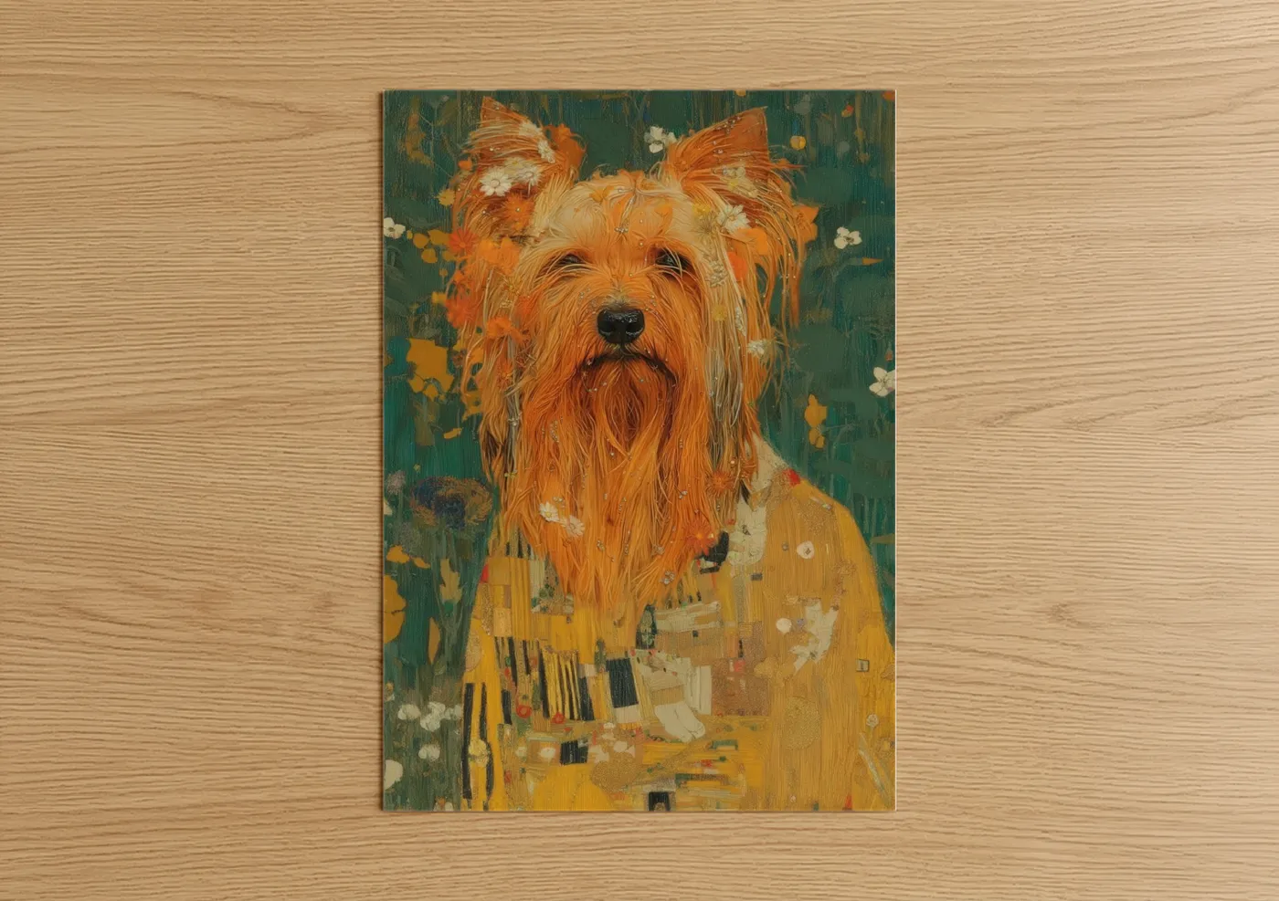 Art print on warm oak wood — gold and dark green palette — Whiskered Terrier Portrait poster
