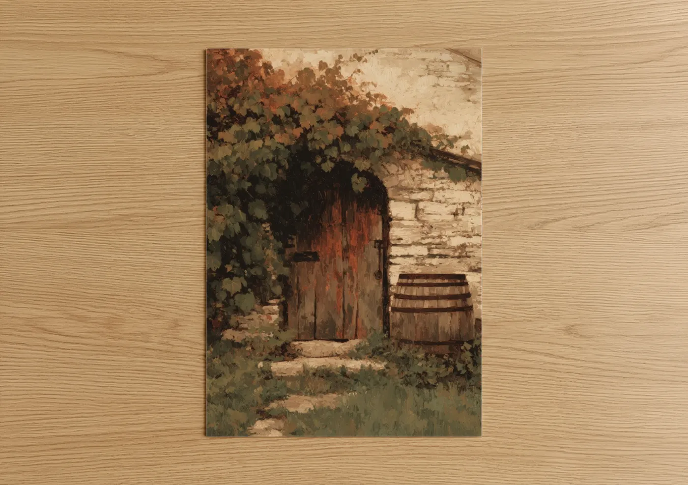 Vineyards art print on warm oak wood — russet and beige palette — Rustic Vineyard Cellar poster